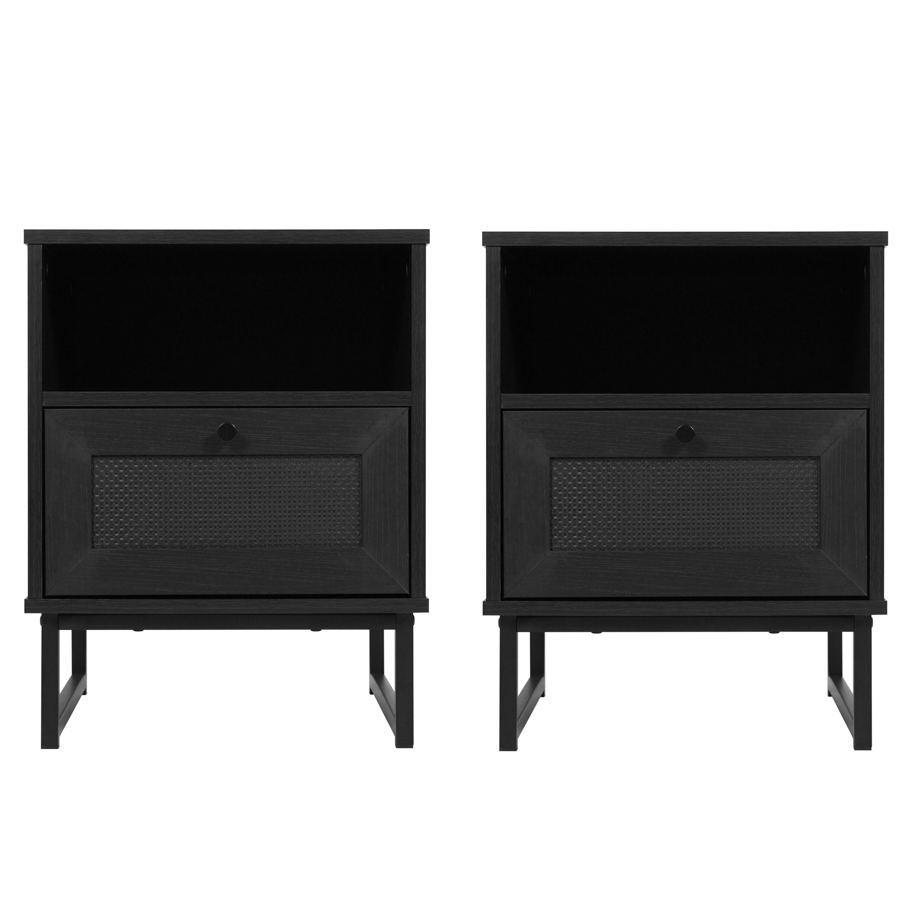 Flash Furniture - Malaki Set of 2 Mid-Century Modern Nightstands or End Tables with Rattan Accented Drawers, Open Upper Shelves, and Metal - Black