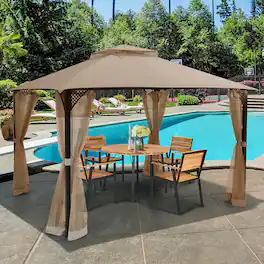 Costway - 12' x 10' Outdoor Patio Gazebo Canopy Shelter Double Top Sidewalls Netting - Brown