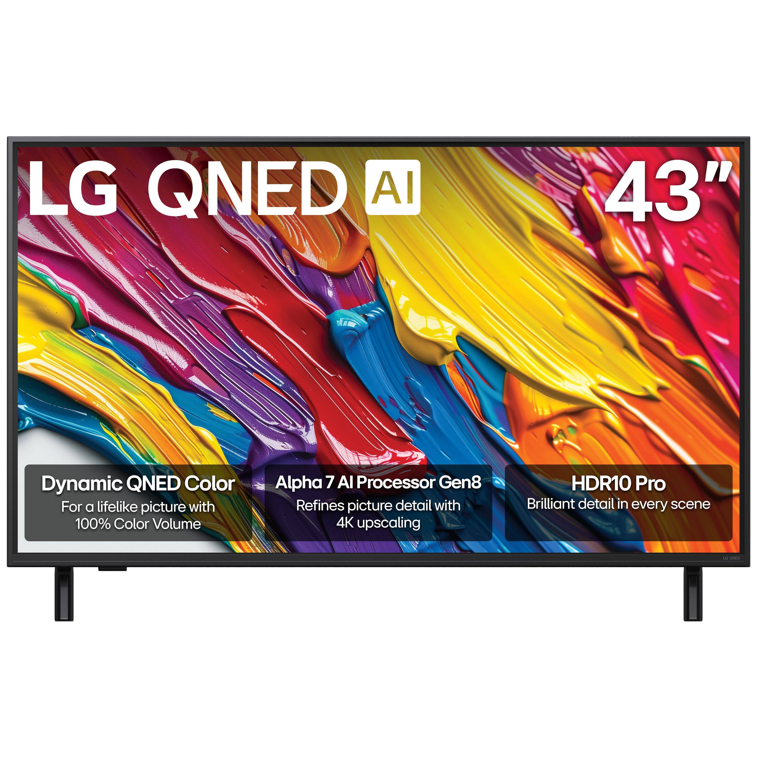 LG QNED AI  
43"  

Dynamic QNED Color  
For a lifelike picture with 100% Color Volume  

Alpha 7 AI Processor Gen8  
Refines picture detail with 4K upscaling  

HDR10 Pro  
Brilliant detail in every scene