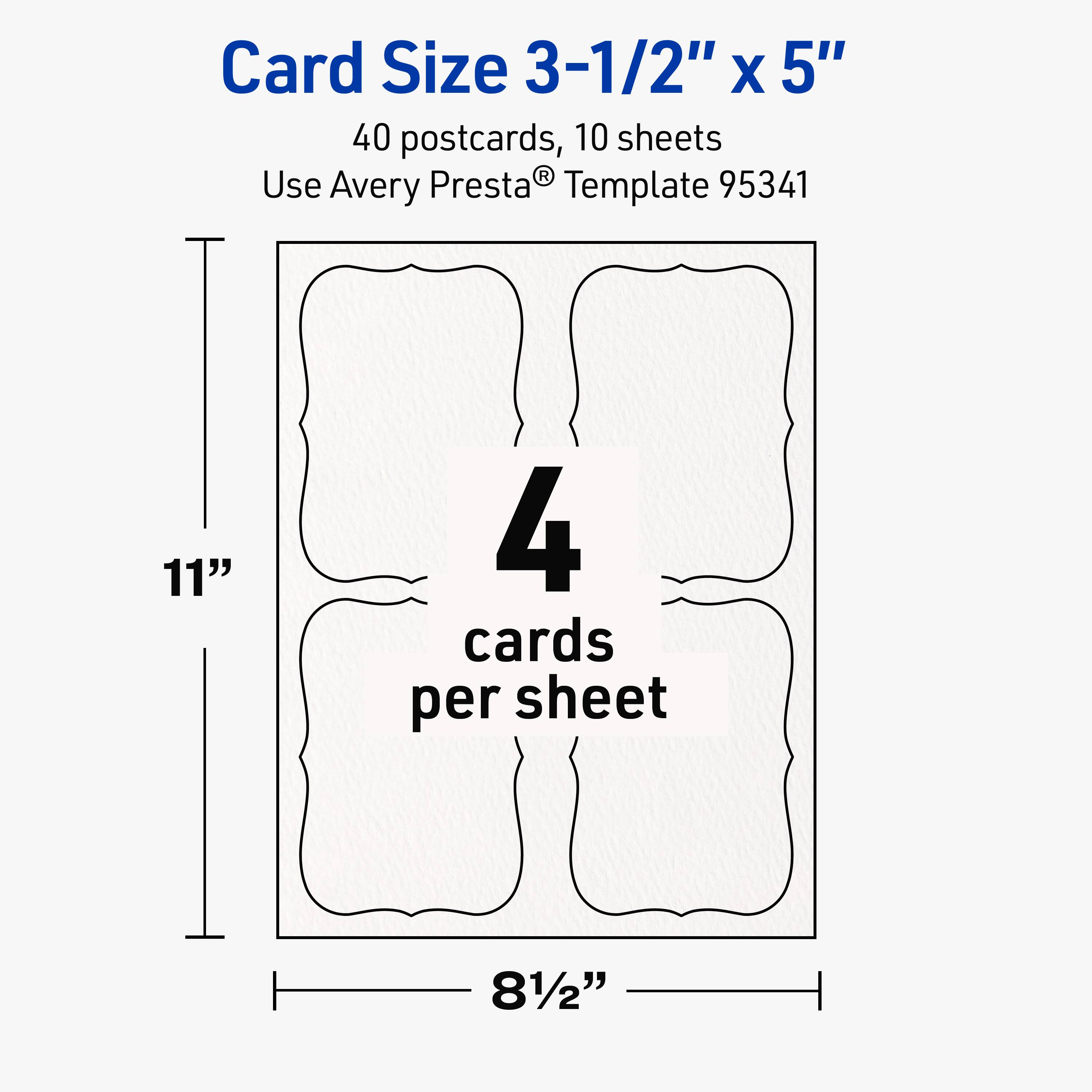 Card Size 3-1/2" x 5"  
40 postcards, 10 sheets  
Use Avery Presta® Template 95341  
11"  
4 cards per sheet  
81/2"