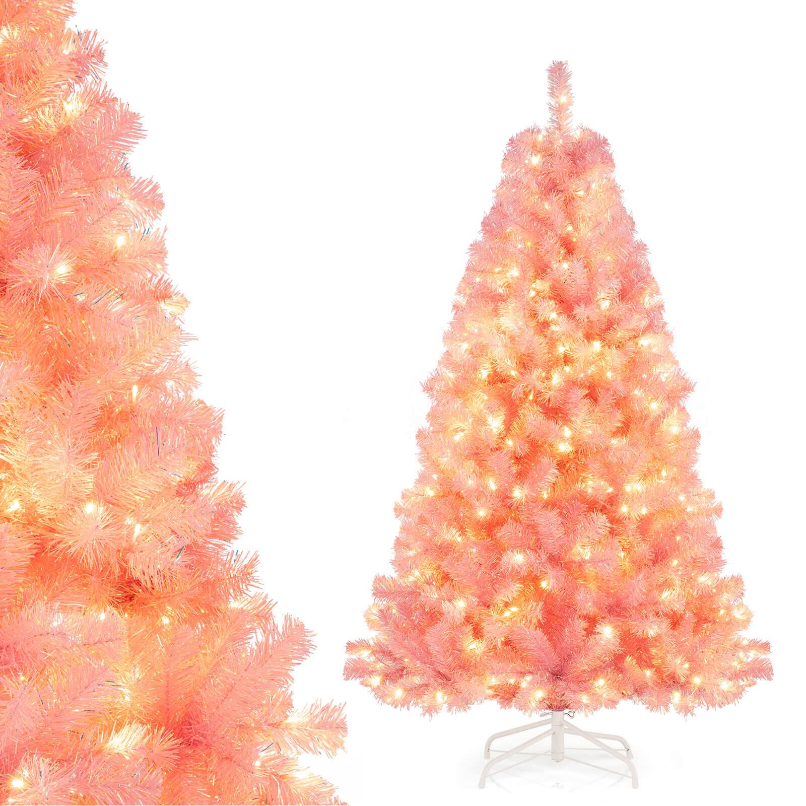 Costway - 6 FT Artificial Tinsel Christmas Tree with 250 Lights, 8 Modes, 688 Branch Tips - Pink
