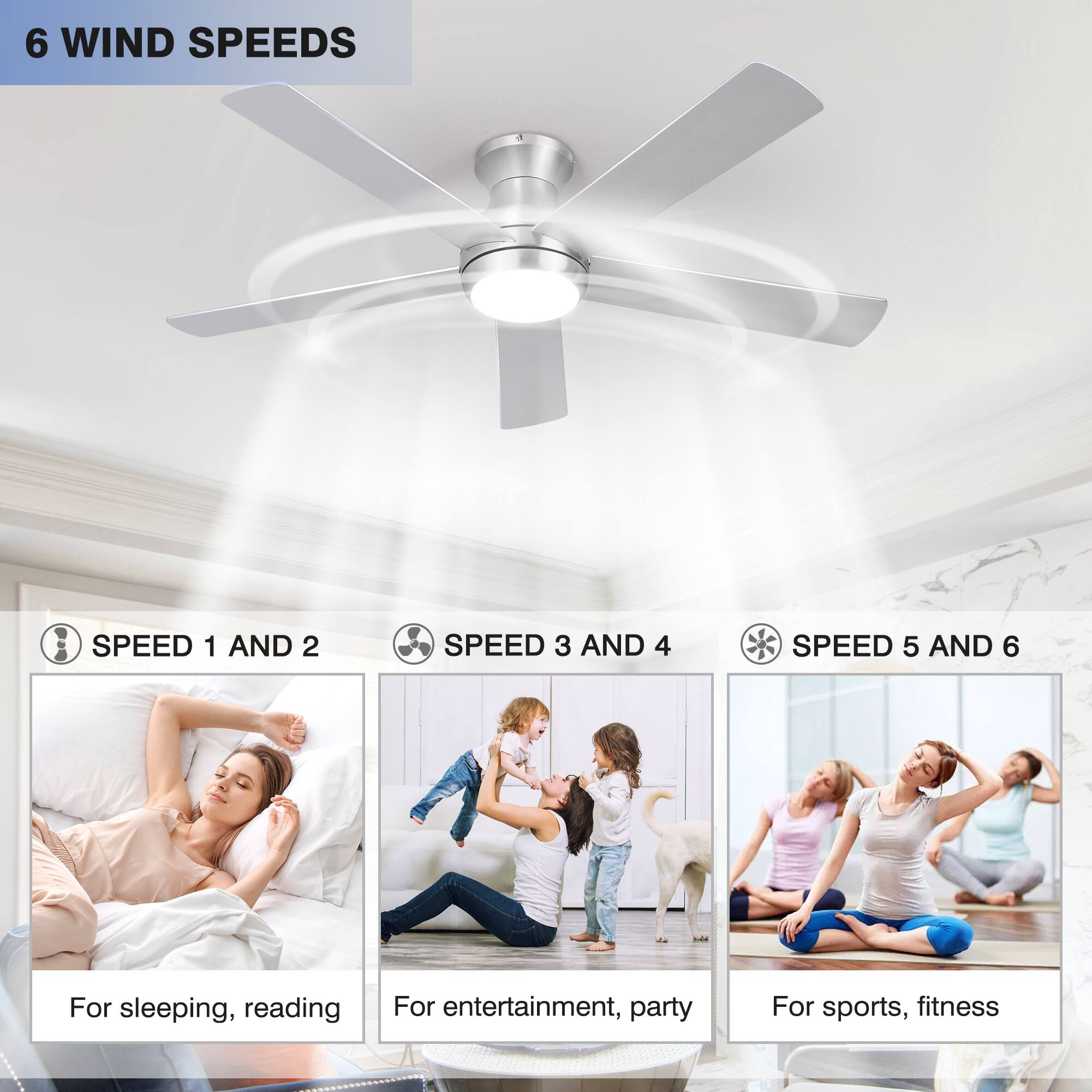 6 WIND SPEEDS

- SPEED 1 AND 2: For sleeping, reading
- SPEED 3 AND 4: For entertainment, party
- SPEED 5 AND 6: For sports, fitness