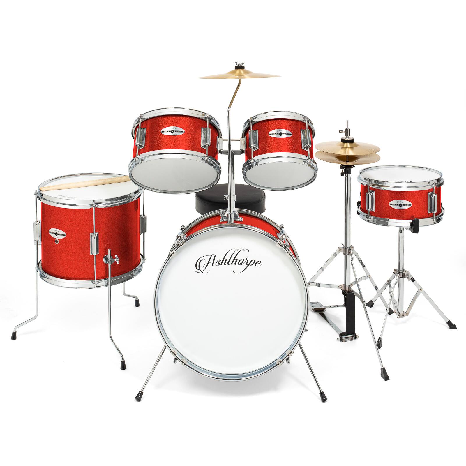 Alt View 1. Ashthorpe - Beginner Drum Kit with Brass Cymbals (Set of 5) - Red.