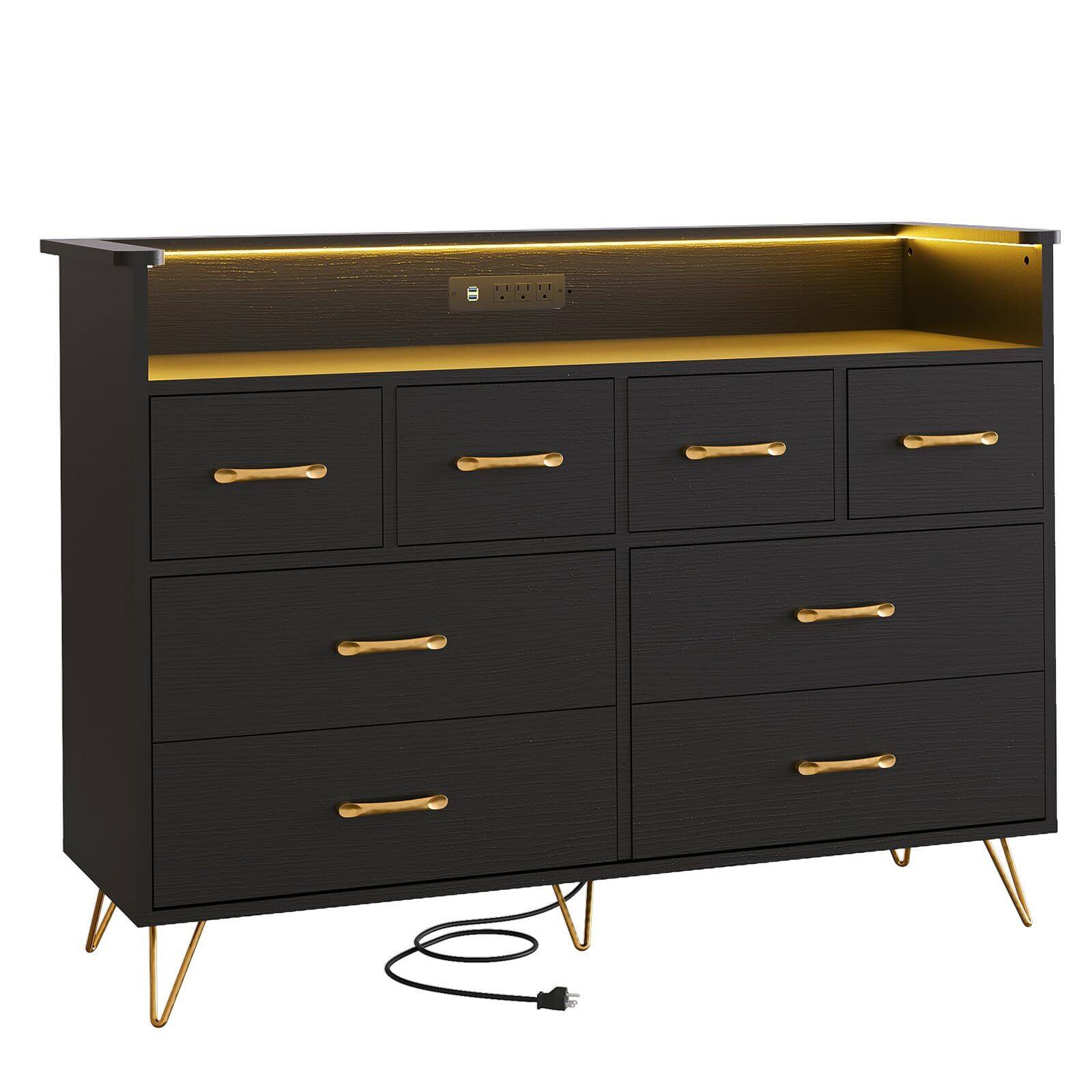 Jojoka - 55" TV Stand, with Charging Station and LED Lights, for Bedroom, 8 Wide Drawers Wooden TV Stand - Black