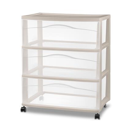 Front. Sterilite - Sterilite Wide 3 Drawer Storage Cart, Plastic Rolling Organization Cart, Grey - Grey Pumice.