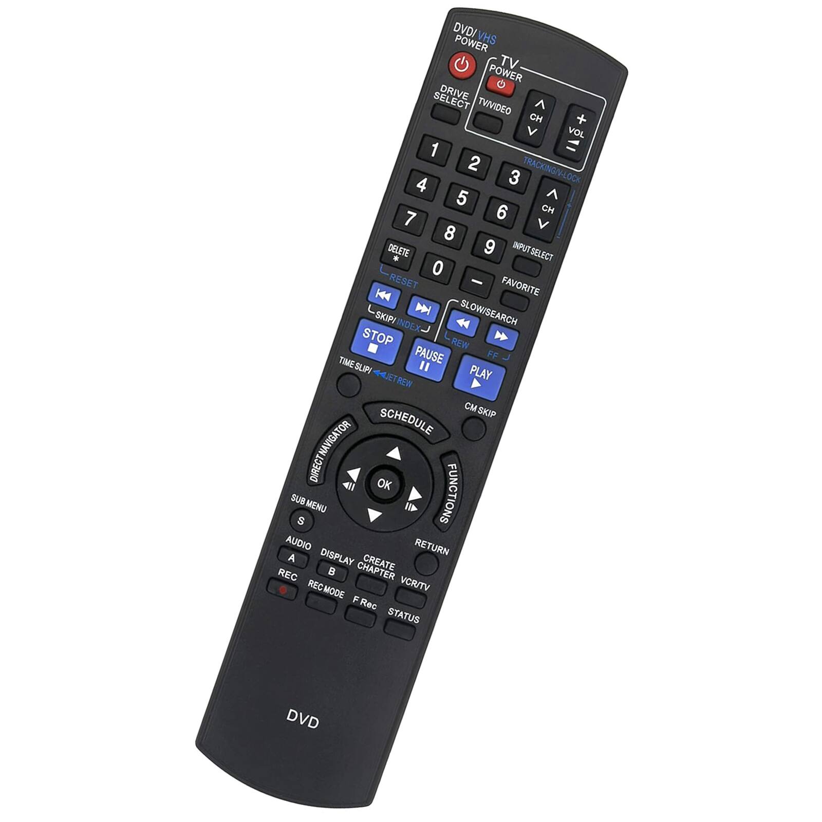 Sure, here is the corrected and grouped text from the image:

**Top Section:**
- DVD/VHS
- POWER
- TV POWER
- DRIVE SELECT
- TV/VIDEO
- CH
- VOL
- 1 2 3 4 5 6 7 8 9 0
- TRACKING/LOCK
- INPUT SELECT
- FAVORITE
- SLOW/SEARCH
- SKIP
- INDEX
- STOP
- REW
- TIME
- PAUSE
- FF
- TIME SLIP
- PLAY
- JETREW
- REW
- SCHEDULE
- CMSKIP
- DIRECT NAVIGATOR
- DIRECT
- OK
- SUB
- MENU
- FUNCTIONS
- AUDIO
- RETURN
- A
- DISPLAY
- CREATE
- CHAPTER
- REC
- REC MODE
- VCR/TV
- F Rec
- STATUS
- DVD

**Middle Section:**
- DELETE
- RESET
- SLOW/SEARCH
- REW
- PAUSE
- FF
- PLAY
- STOP
- TIME SLIP
- JETREW
- REW
- SCHEDULE
- CMSKIP
