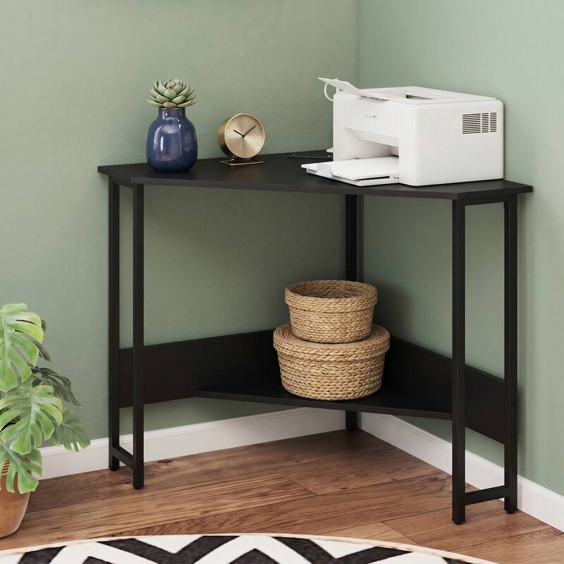 Angle. WELLFOR - 28.5" Corner Computer Desk with Charging Station & Open Shelf, Triangle Laptop PC Work Table, Small Home office Desk - Black.