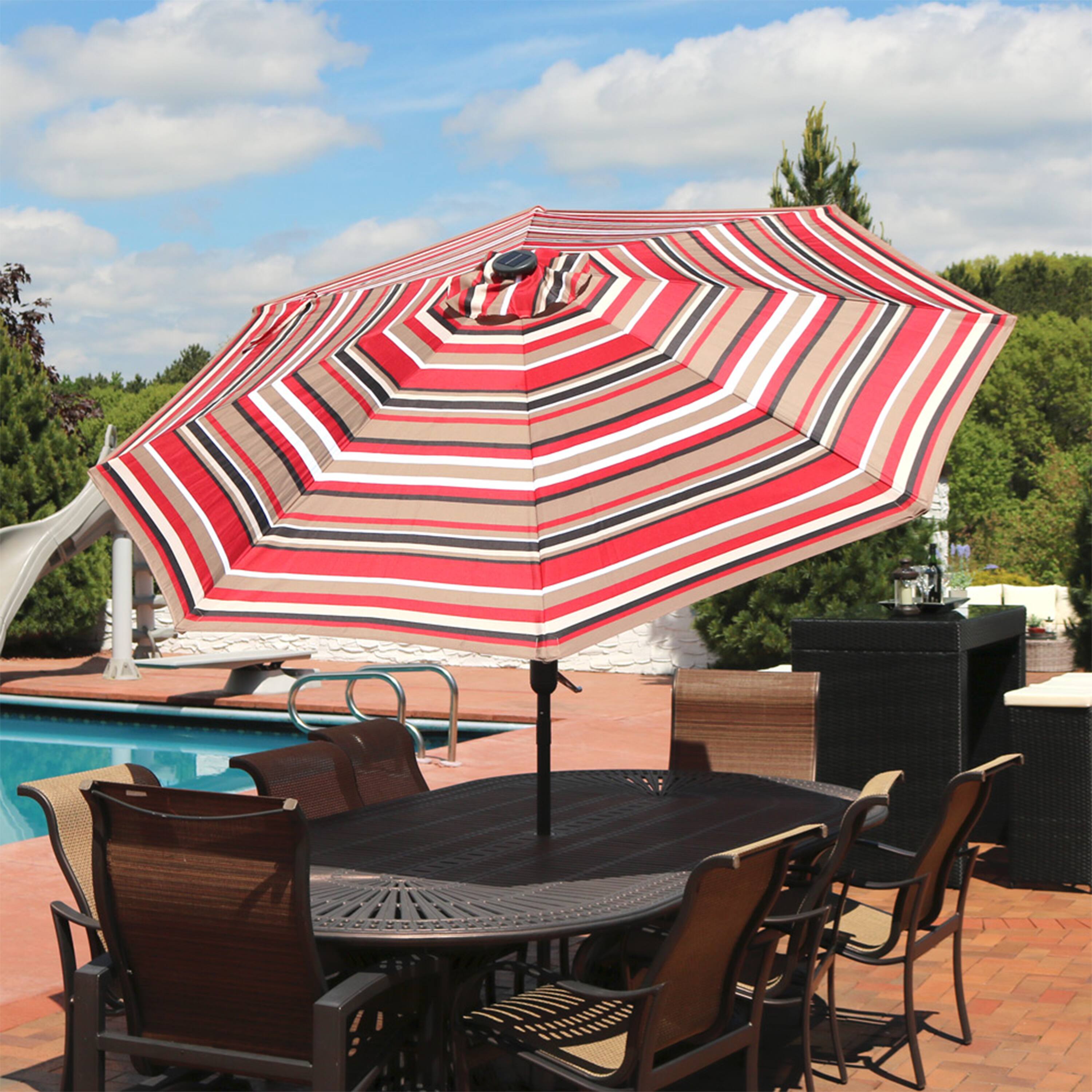 Alt View 7. Sunnydaze - 9 ft Solar Patio Umbrella with Lights, Tilt, and Crank - Awning Stripe.