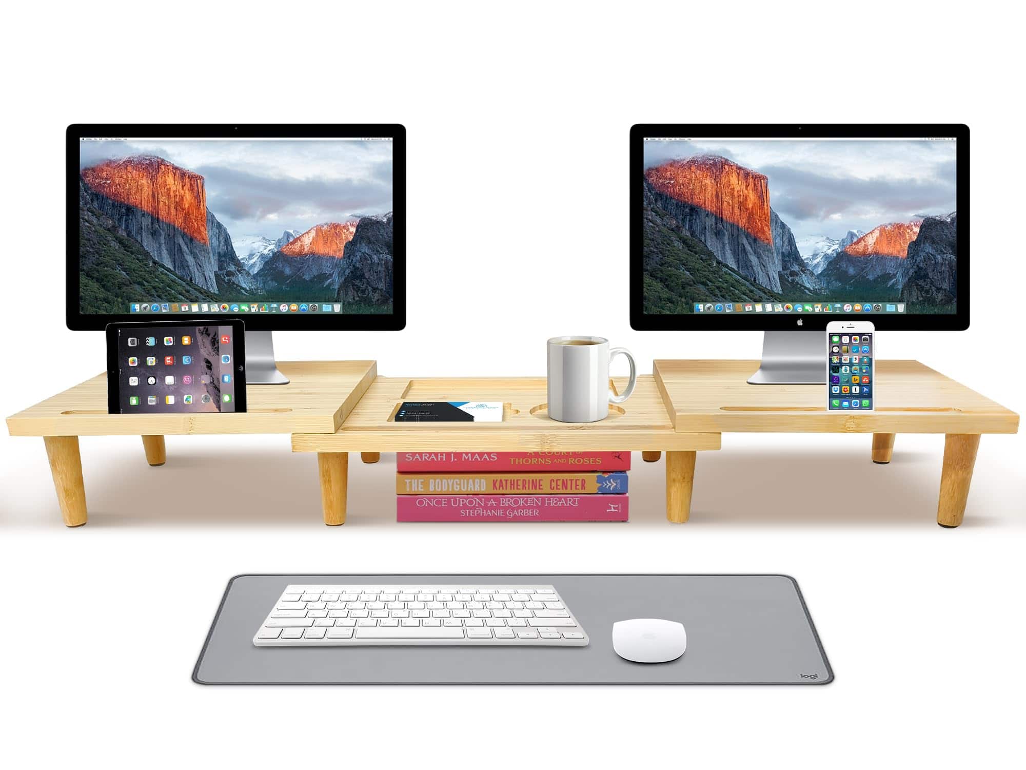 Hanke - Dual Monitor Stand Riser - Solid Wood 3 Panels Laptop With Storage For Phone mug Home office Desk Organizer - Natural