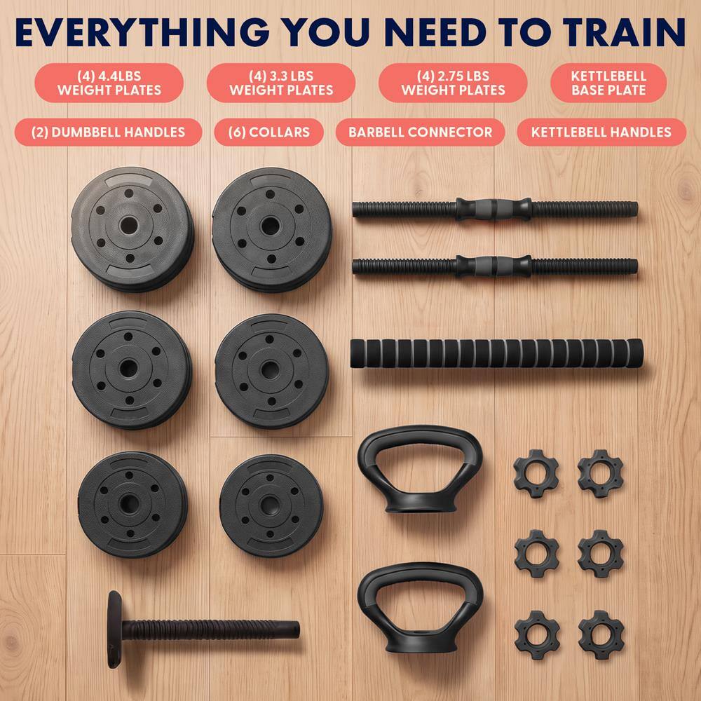 EVERYTHING YOU NEED TO TRAIN

(4) 4.4LBS WEIGHT PLATES  
(4) 3.3LBS WEIGHT PLATES  
(4) 2.75LBS WEIGHT PLATES  
KETTLEBELL BASE PLATE  
(2) DUMBBELL HANDLES  
(6) COLLARS  
BARBELL CONNECTOR  
KETTLEBELL HANDLES