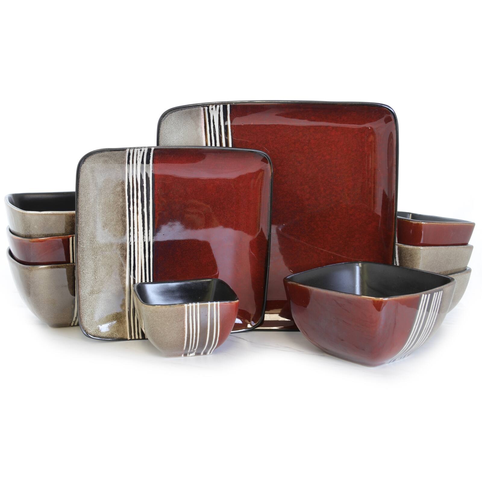 Alt View 5. Elama - Elama Downtown Loft 16 Piece Double Bowl Stoneware Dinnerware Set with Service for 4 - Red.