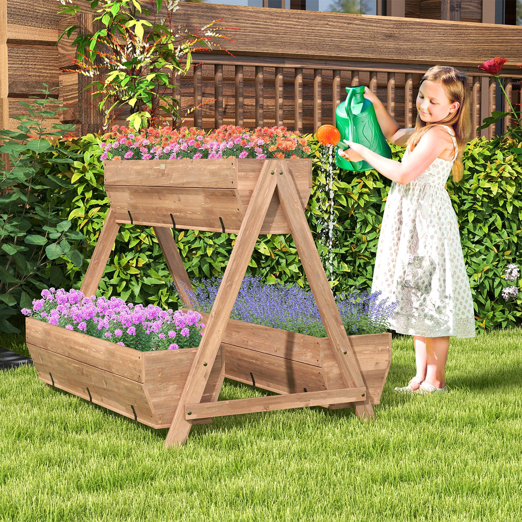 Alt View 1. Gymax - Gymax Vertical Raised Garden Bed Wood Tiered Plant Stand w/ 3 Planter Containers - Brown.