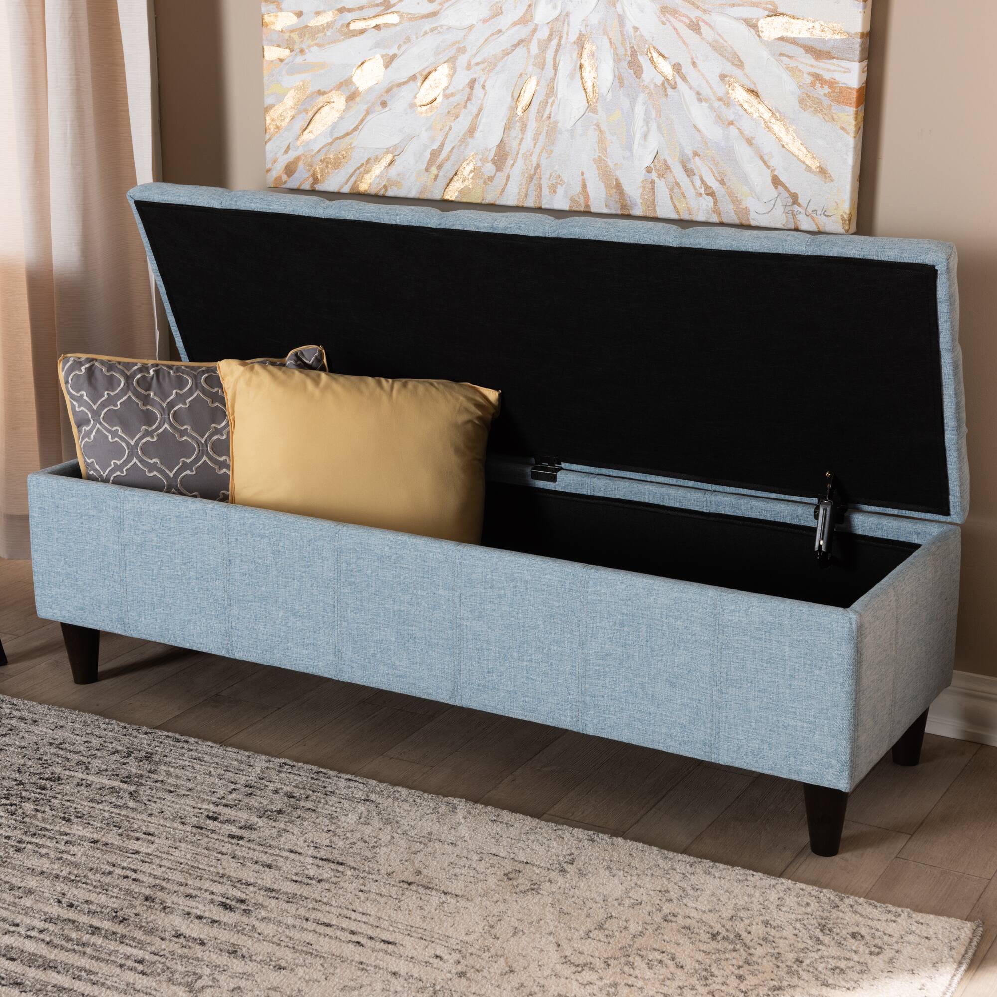 Alt View 5. Baxton Studio - Brette Mid-Century Modern Fabric Upholstered Finished Wood Storage Bench Ottoman - Light Blue.