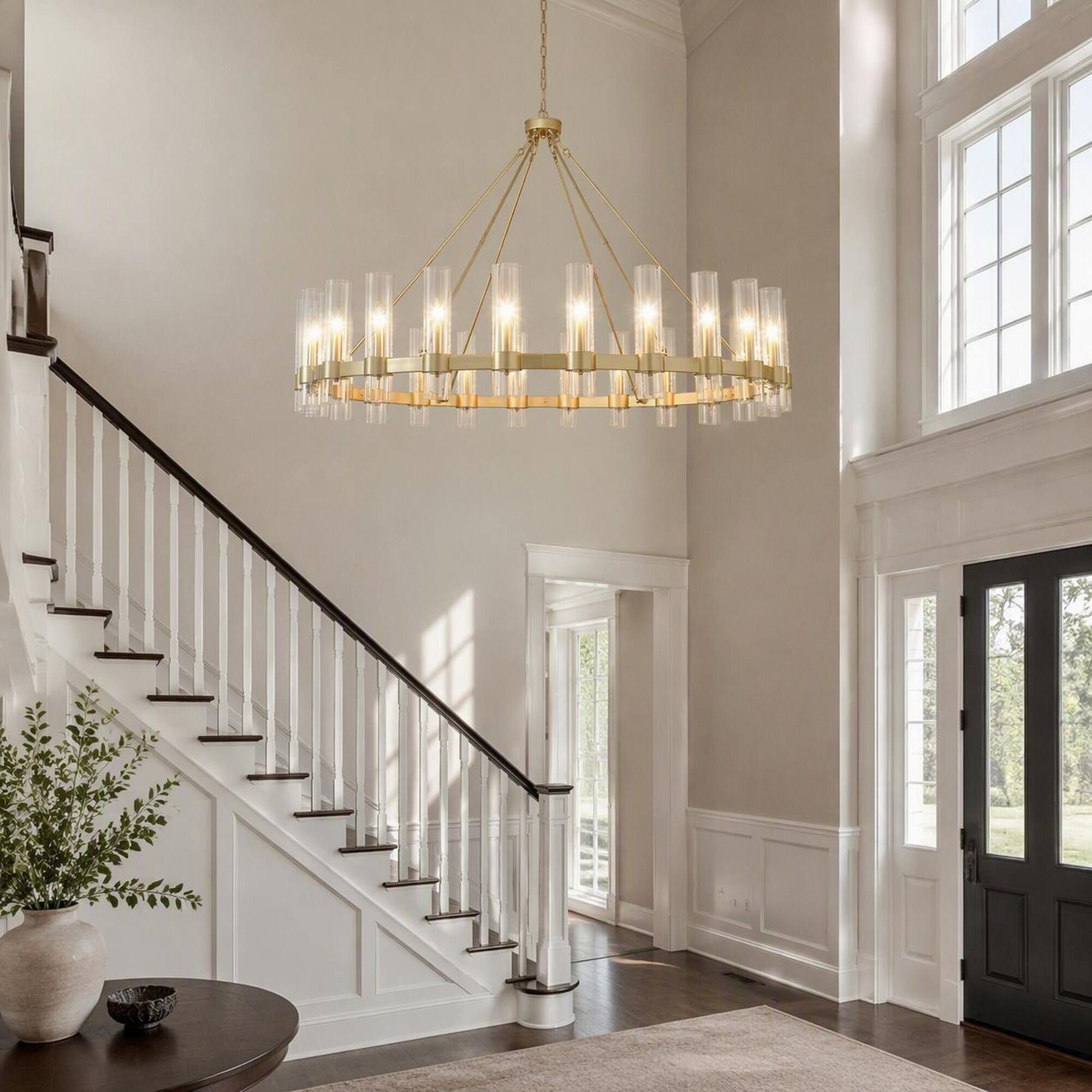 Back. RYHNUYNE - Gold 24-Light Wagon Wheel Chandelier with Seeded Glass Shades, Adjustable Chains for Dining Room, Kitchen Island.