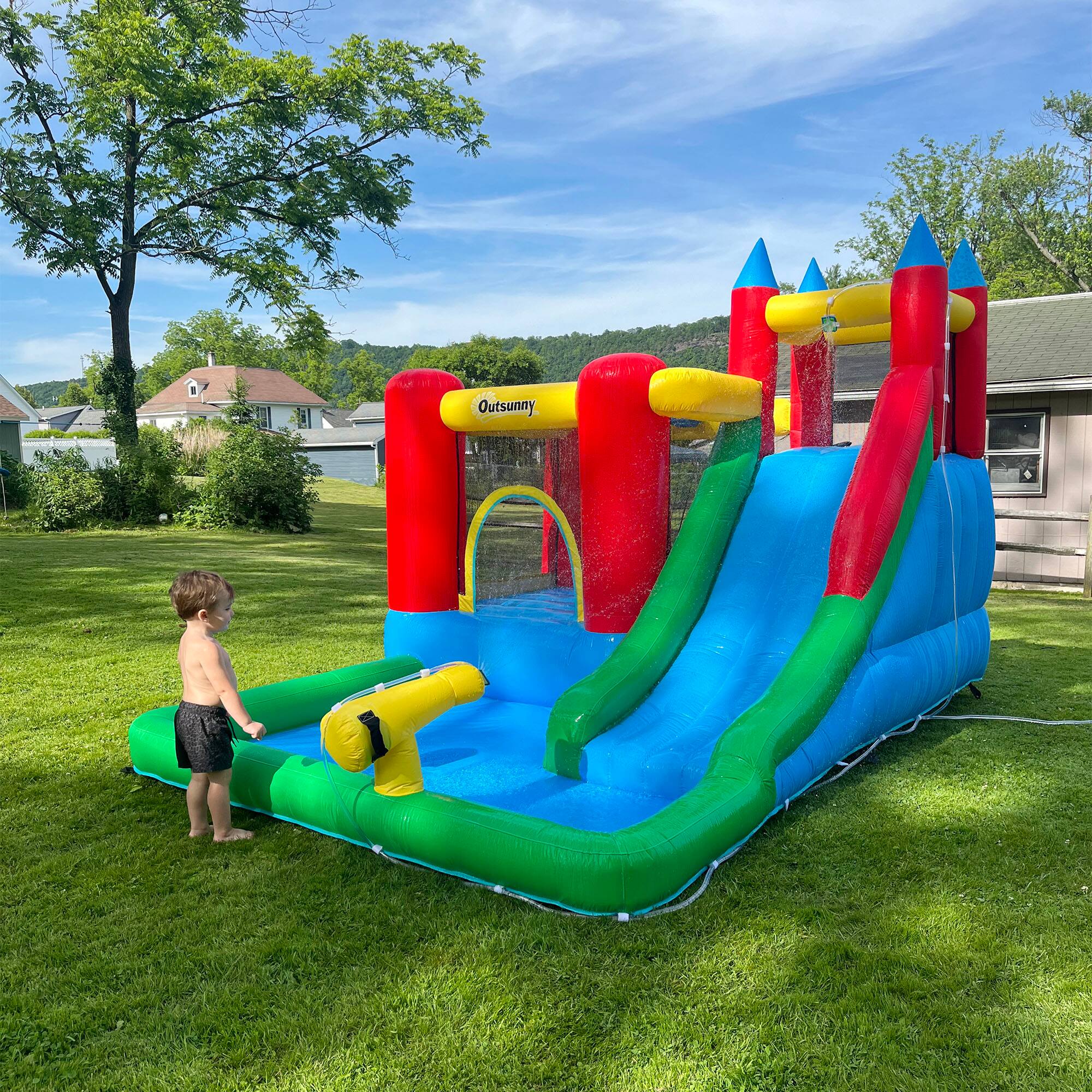 Alt View 5. Outsunny - Kids Bounce House, Inflatable Slide, Splash Pool, Water Cannon, Climbing Wall, Outdoor Water Toy.