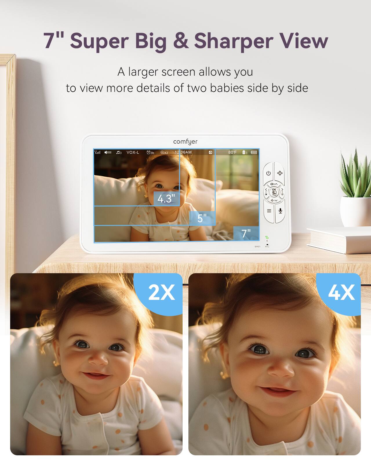 7" Super Big & Sharper View  
A larger screen allows you to view more details of two babies side by side  

4.3" 5" 7"  
2X 4X