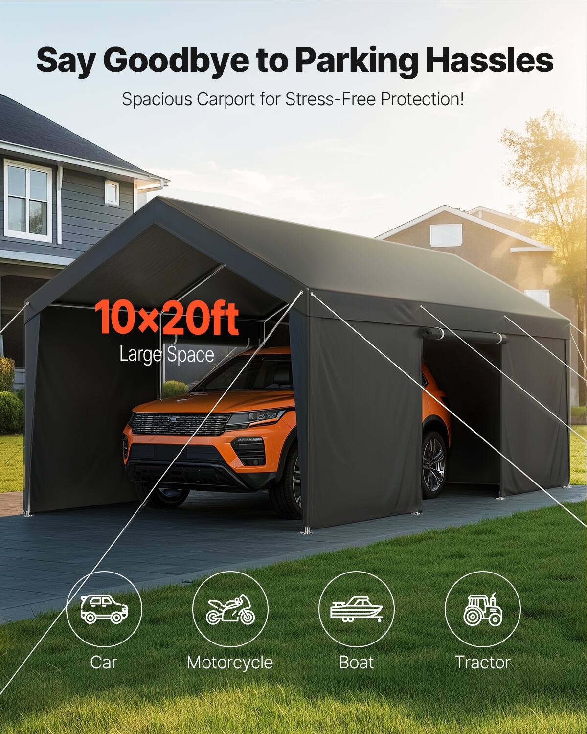 Say Goodbye to Parking Hassles Spacious Carport for Stress-Free Protection! 10x20ft Large Space Car Motorcycle Boat Tractor