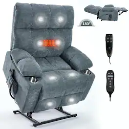 Kadyn - Oversized Dual Motor Power Lift Recliner, 24.5" Wide Seat, Massage & Heat, Cup Holders, 350lb Capacity, -Blue - Gray
