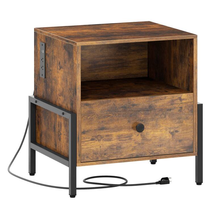 Front. SlickBlue - Nightstand with Charging Station and Drawer for Bedroom or Living Room - Rustic Brown, Black.
