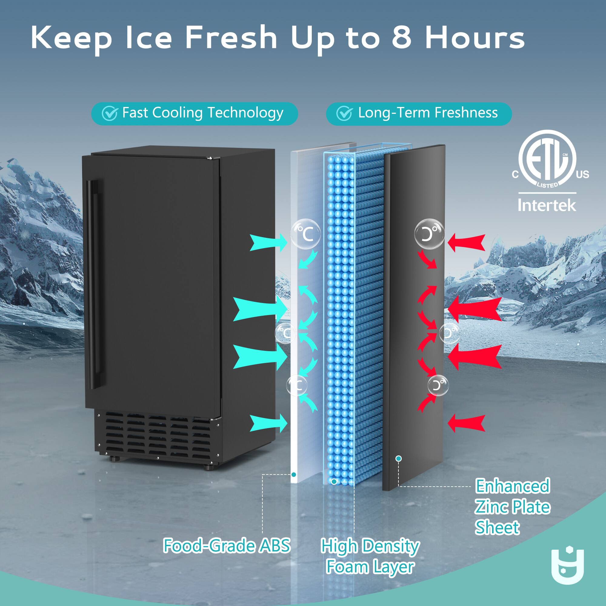 Keep Ice Fresh Up to 8 Hours  
Fast Cooling Technology  
Long-Term Freshness  
ETL US LISTED Intertek  
Food-Grade ABS  
High Density Foam Layer  
Enhanced Zinc Plate Sheet
