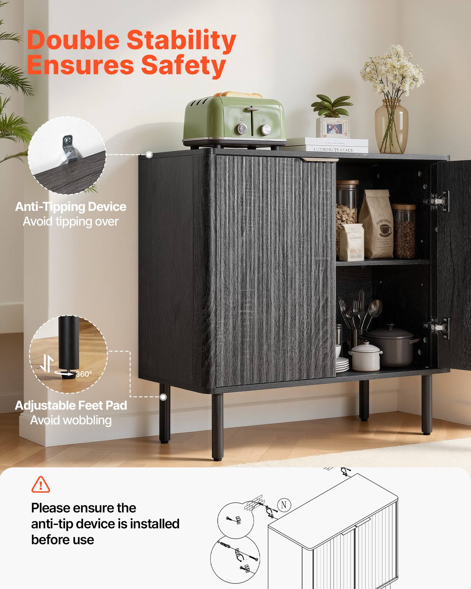 Double Stability Ensures Safety

EASTON IT PEATACE

Anti-Tipping Device
Avoid tipping over

Adjustable Feet Pad
Avoid wobbling

Please ensure the anti-tip device is installed before use