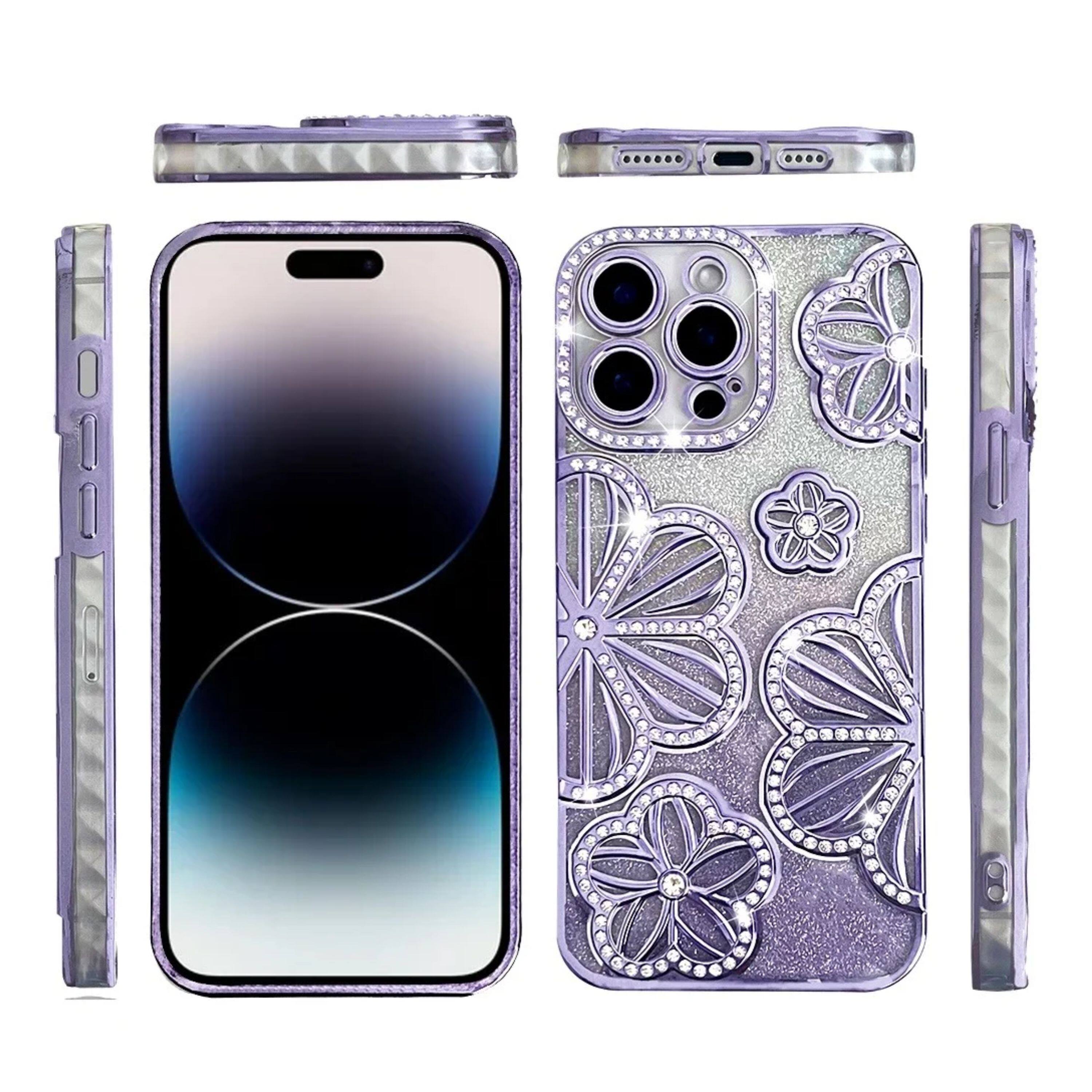 Angle. Kitcheniva - 3D Glitter Floral Rhinestone Phone Case For iPhone 14 Pro Max Purple - Purple.