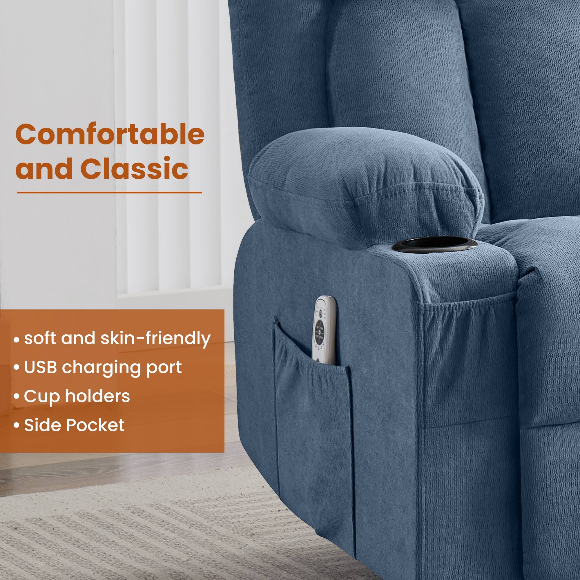 Comfortable and Classic

- soft and skin-friendly
- USB charging port
- Cup holders
- Side Pocket
