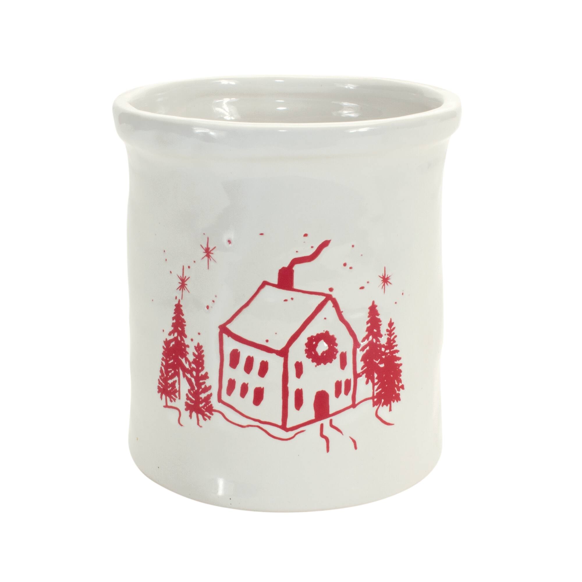 Back. BreeBe - Ceramic Crock with Snowy House Scene (Set of 4) - White, Red.
