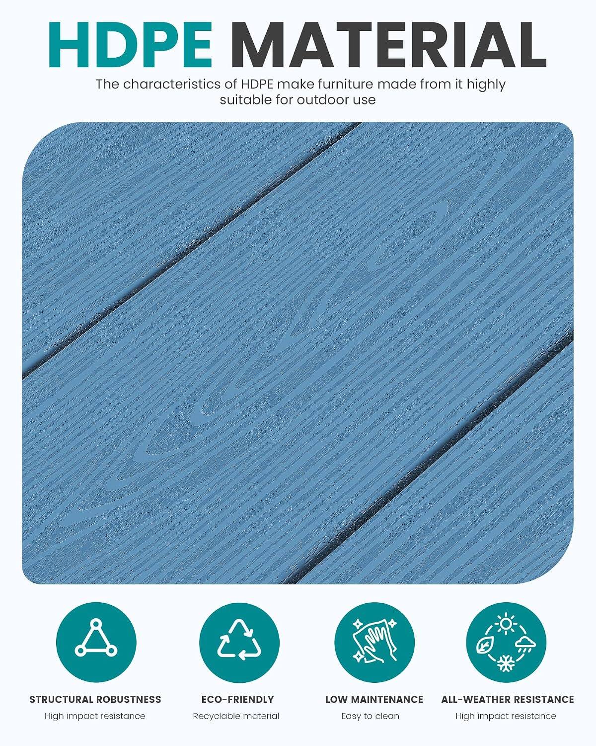 HDPE MATERIAL  
The characteristics of HDPE make furniture made from it highly suitable for outdoor use

STRUCTURAL ROBUSTNESS  
ECO-FRIENDLY  
LOW MAINTENANCE  
ALL-WEATHER RESISTANCE

- High impact resistance  
- Recyclable material  
- Easy to clean  
- High impact resistance