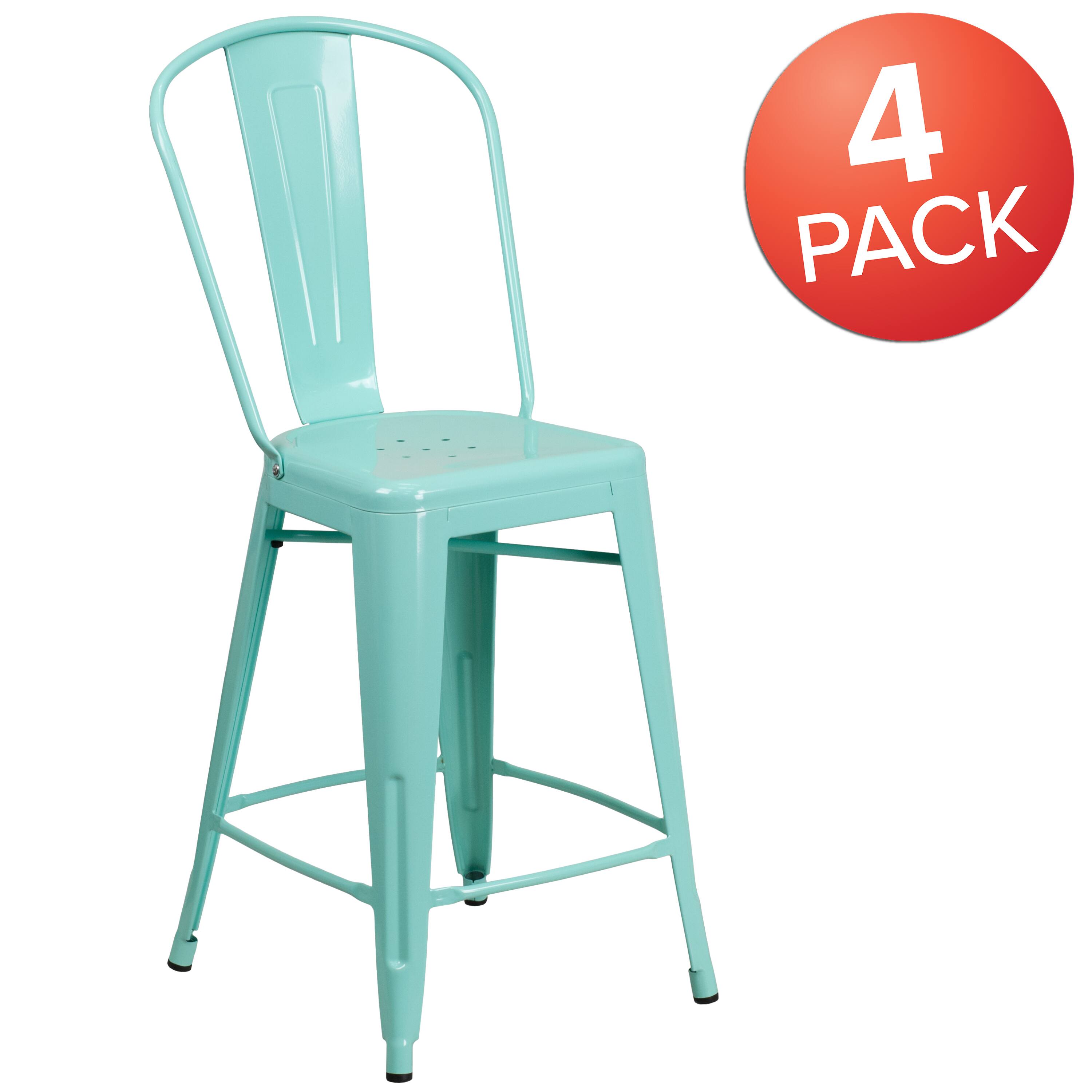 Alt View 1. Emma + Oliver - Commercial Grade 4 Pack 24" High Metal Indoor-Outdoor Counter Height Stool with Back - Mint Green.