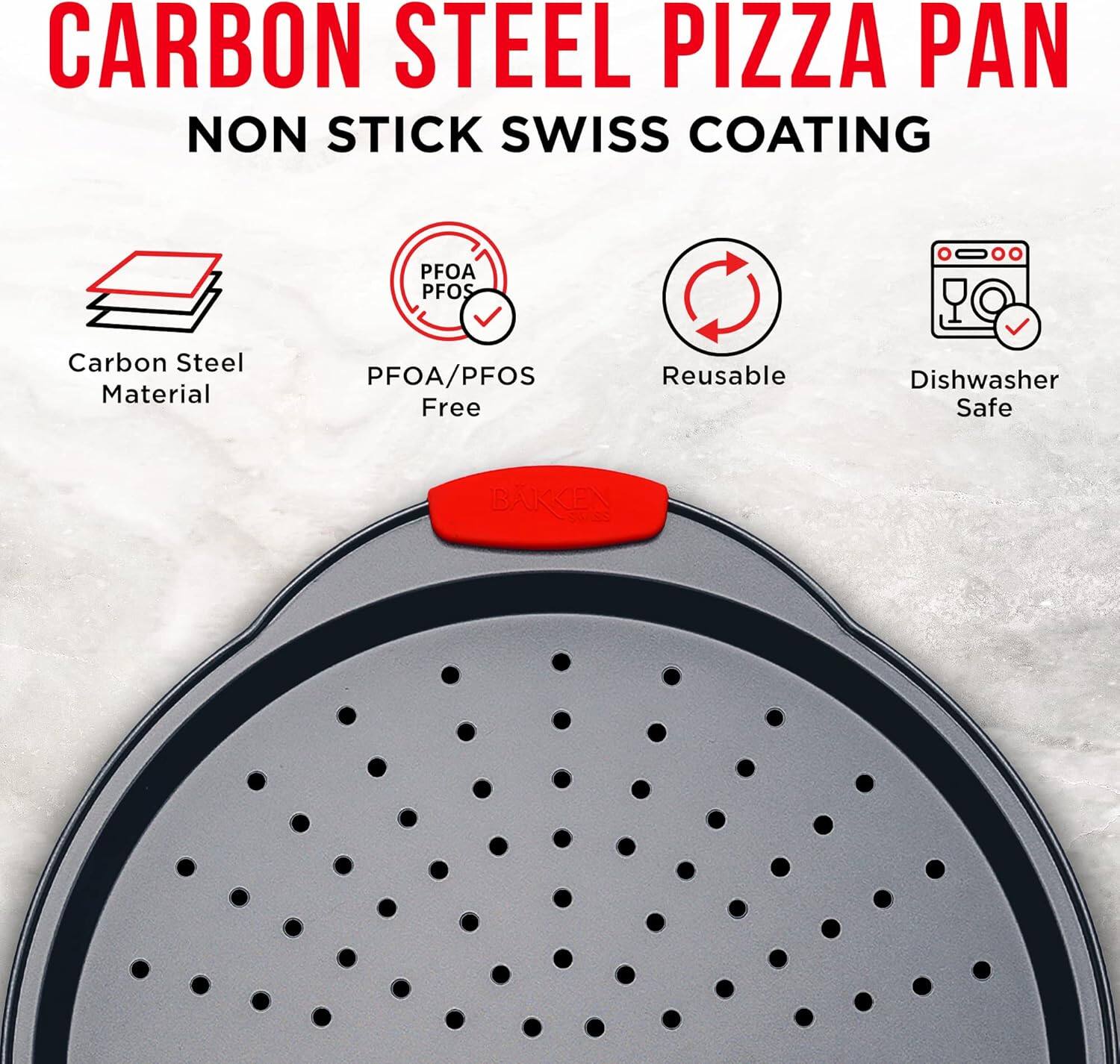 CARBON STEEL PIZZA PAN NON STICK SWISS COATING
PFOA/PFOS Carbon Steel Material
PFOA/PFOS Free
Reusable
Dishwasher Safe