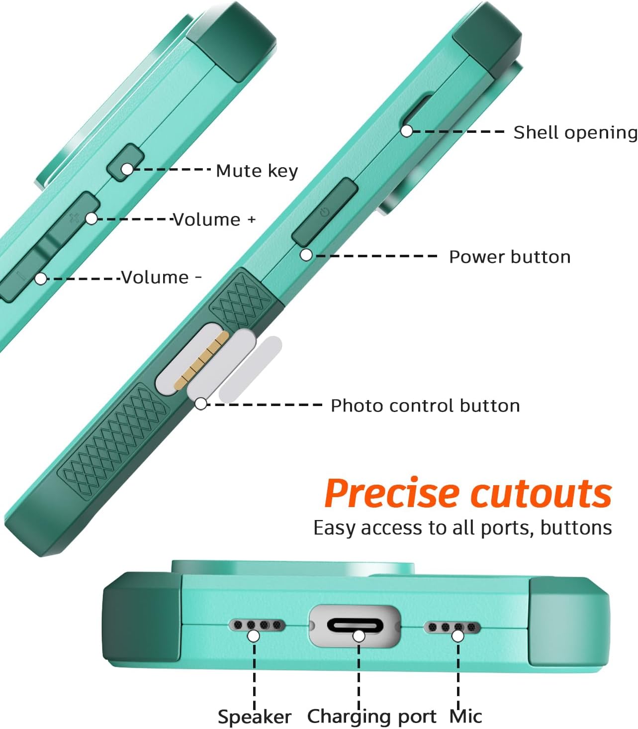 - Shell opening
- Mute key
- Volume +
- Volume -
- Power button
- Photo control button
- Precise cutouts
- Easy access to all ports, buttons
- Speaker
- Charging port
- Mic