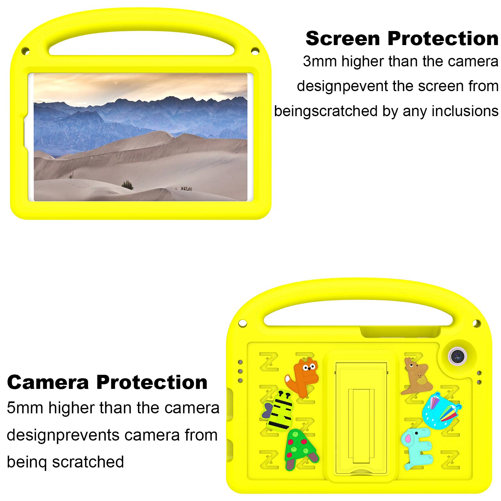 Screen Protection  
3mm higher than the camera design prevents the screen from being scratched by any inclusions

Camera Protection  
5mm higher than the camera design prevents the camera from being scratched