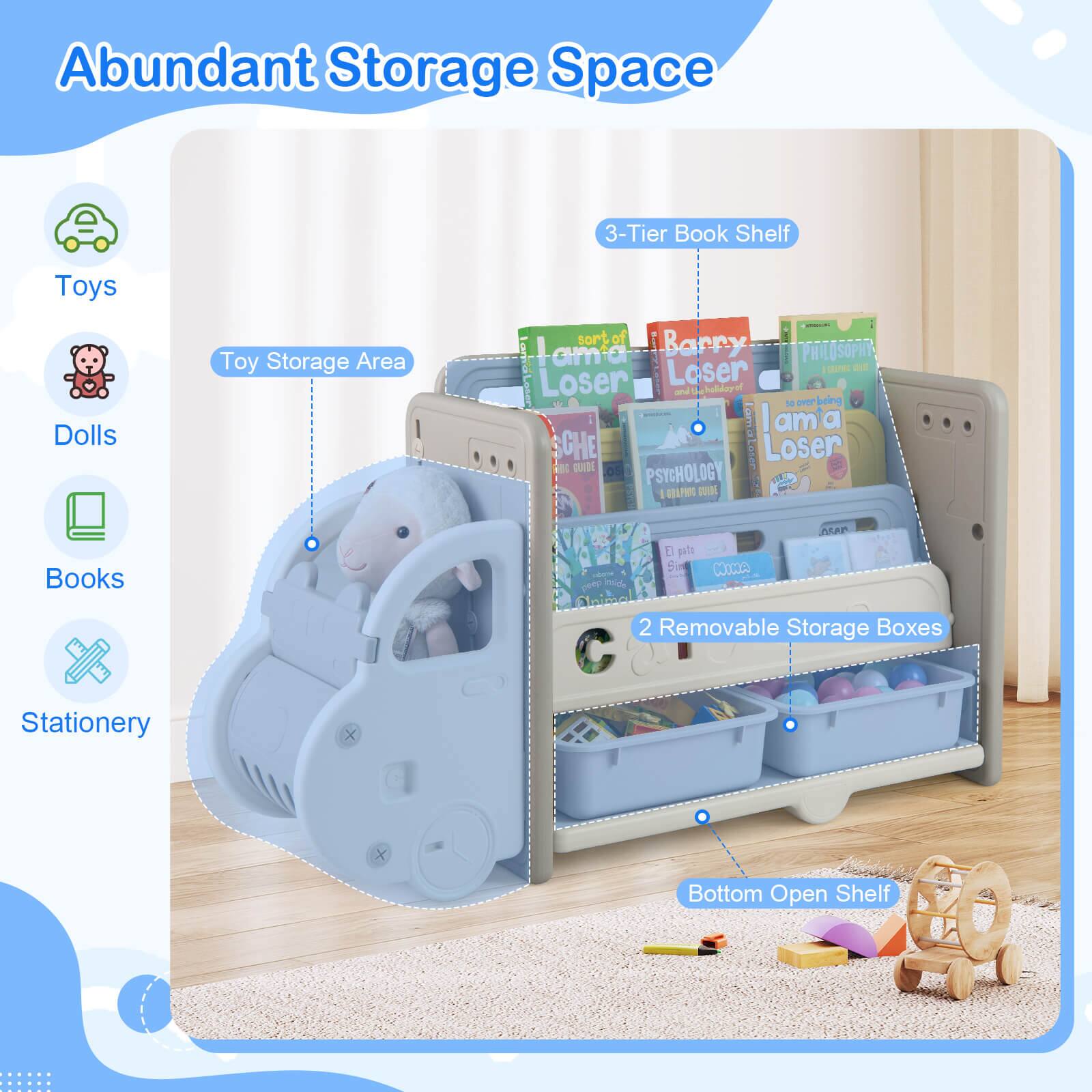 Abundant Storage Space

- 3-Tier Book Shelf
- Toy Storage Area
- 2 Removable Storage Boxes
- Bottom Open Shelf

Toys
Dolls
Books
Stationery

sort of Barry ama PHILOSOPHY Loser - L 2 Loser and Aabdayof - oner bring lama am SCHE oter Loser Nnt DADE o5 PSYCHOLOGY : 1 I GPLPHG SME Books - pemp Inide pt Si Cocom MAP 2 Removable Storage Boxes Stationery x x Bottom Open Shelf