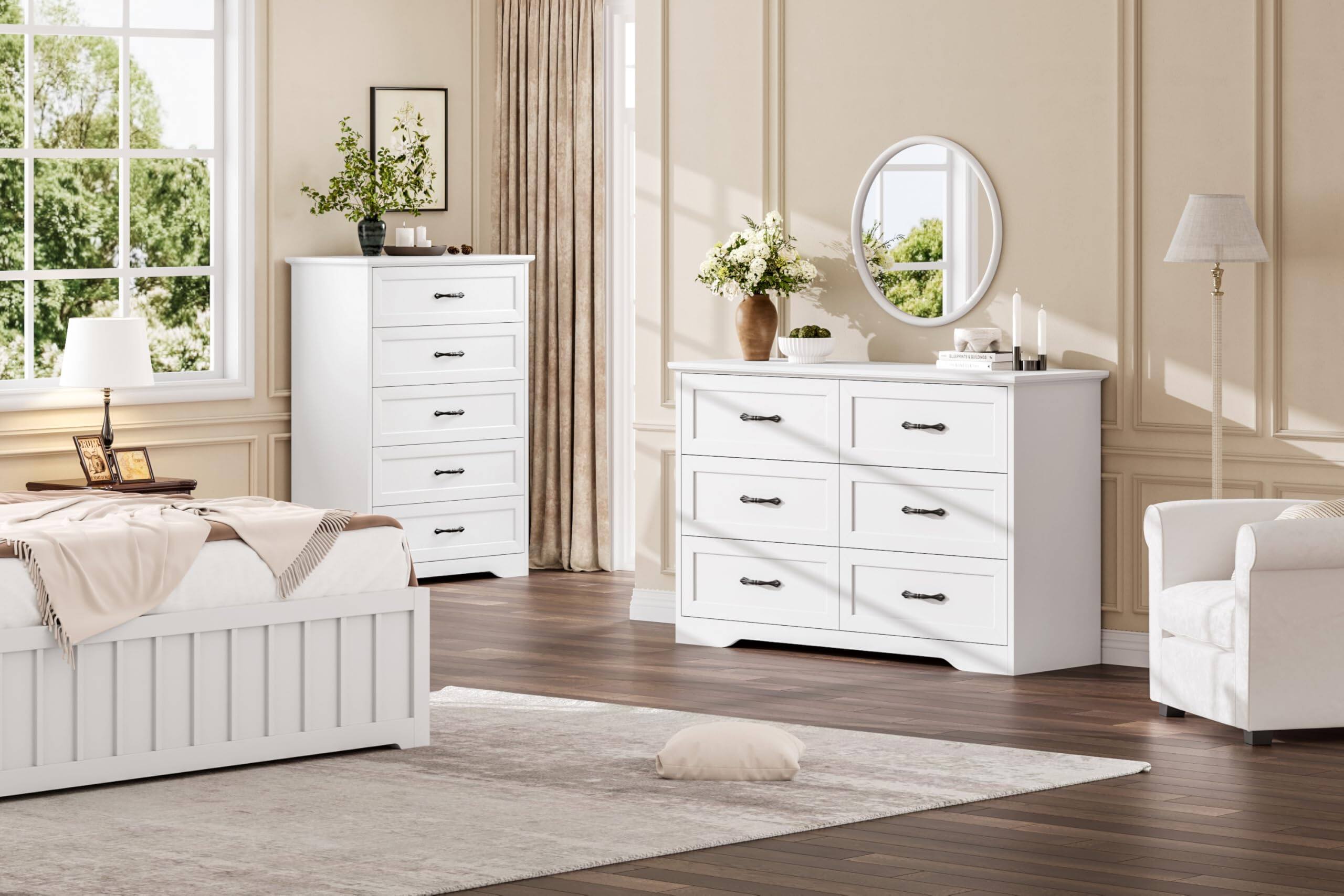 Alt View 3. Jojoka - 5 Drawers Dresser for Bedroom,Chest of Drawers with Wide Metal Handle,Farmhouse Modern Wooden Tall Dresser - White.