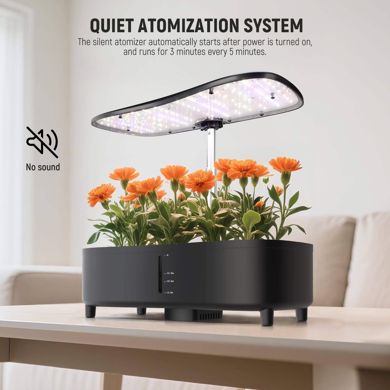 QUIET ATOMIZATION SYSTEM

The silent atomizer automatically starts after power is turned on, and runs for 3 minutes every 5 minutes.

No sound