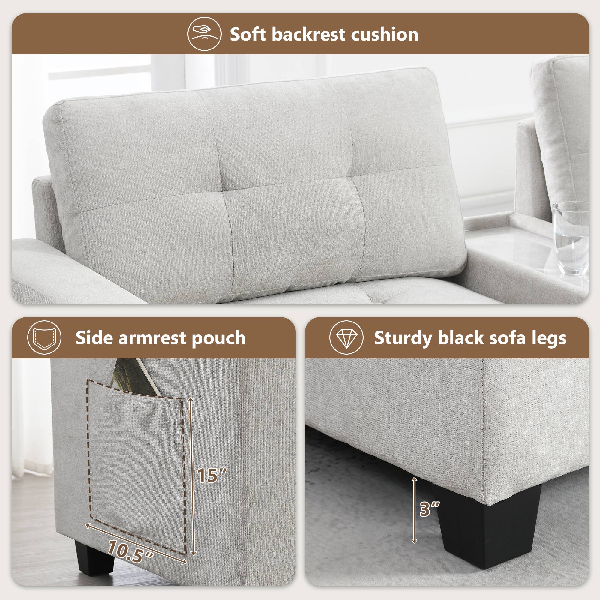 Soft backrest cushion  
Side armrest pouch  
Sturdy black sofa legs  
15" x 10.5" x 3"