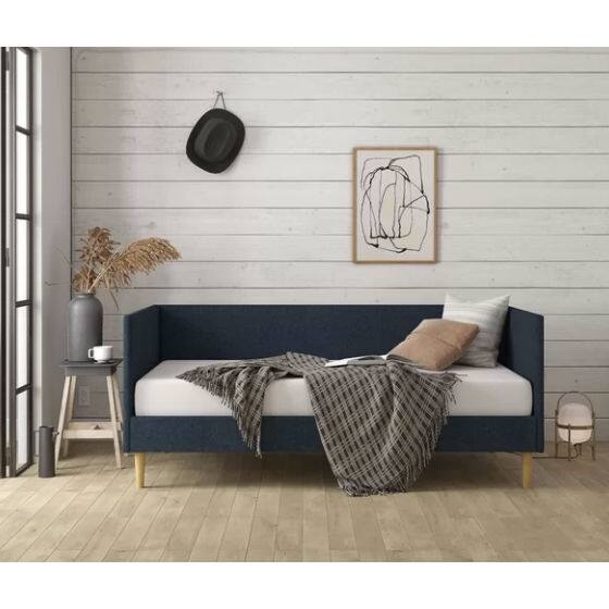 Left. Hivvago - Twin Mid-Century Modern Dark Blue Linen Upholstered Daybed - Dark Blue.