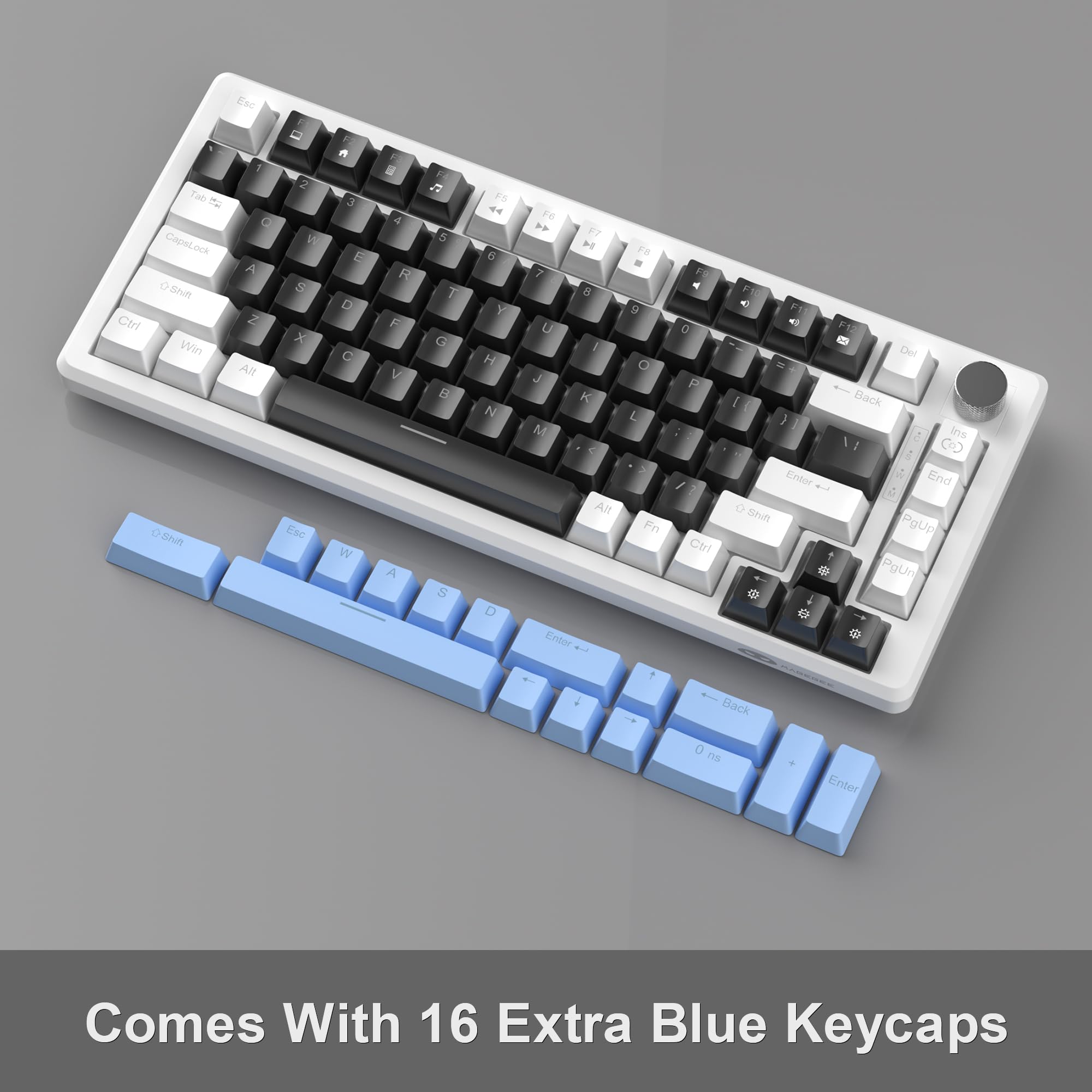 Esc F1 F2 F3 F4 F5 F6 F7 F8 F9 F10 F11 F12 CapsLock 0 Shift Ctri Win 1 w 1 A Al 2 W S x Exc 3 E D C W 4 R F V A 5 T G S 6 Y H N D FO 7 U I J K M 8 Alt Kndor FR 9 C L Fn O P 0 Ctri FE 41 FI 4 Entor Snif e 1e Back ins CO End PgUp PgUn e 1 Back 0 I Enter Comes With 16 Extra Blue Keycaps