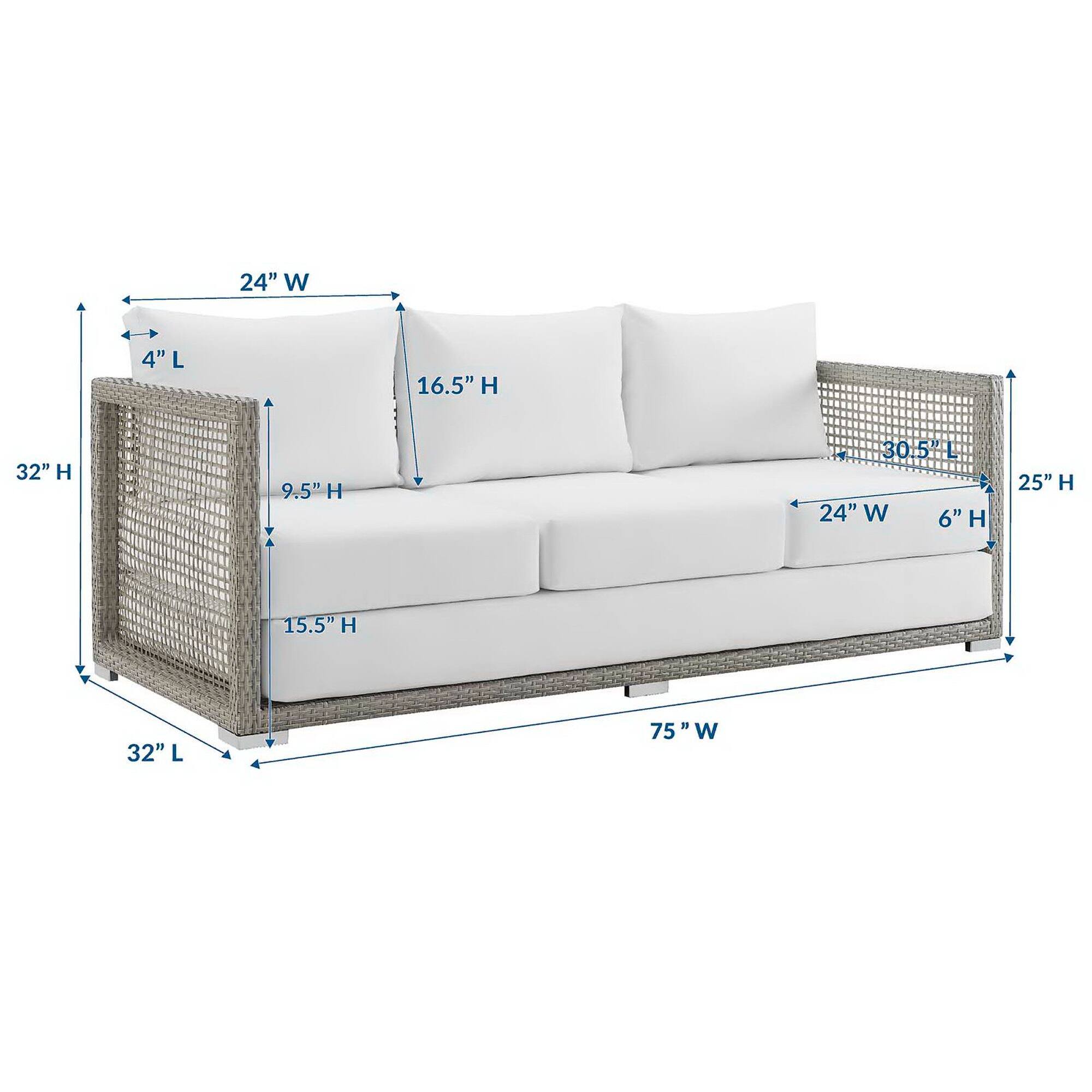 24" W  
4" L  
16.5" H  
32" H  
9.5" H  
30.5" L  
24" W  
6" H  
25" H  
15.5" H  
32" L  
75" W