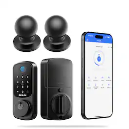 DESLOC - B200 Smart Lock Keyless Entry Fingerprint Deadbolt with Handle/Lever Set, Front Door Replacement, Bluetooth App - Black - Knob
