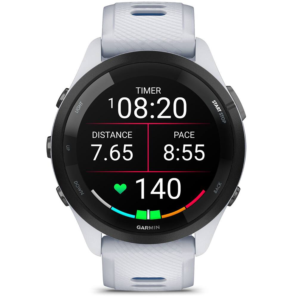 TIMER LIGHT 1 108:20 START STOP DISTANCE 7.65 PACE 8:55 DOWN 140 BACK GARMIN