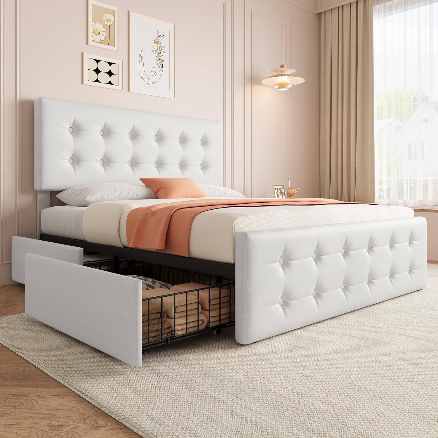 Front. Homhougo - Full Size Upholstered Bed Frame with 4 Storage Drawers, Adjustable Linen Headboard, Button Tufted Platform - Beige.
