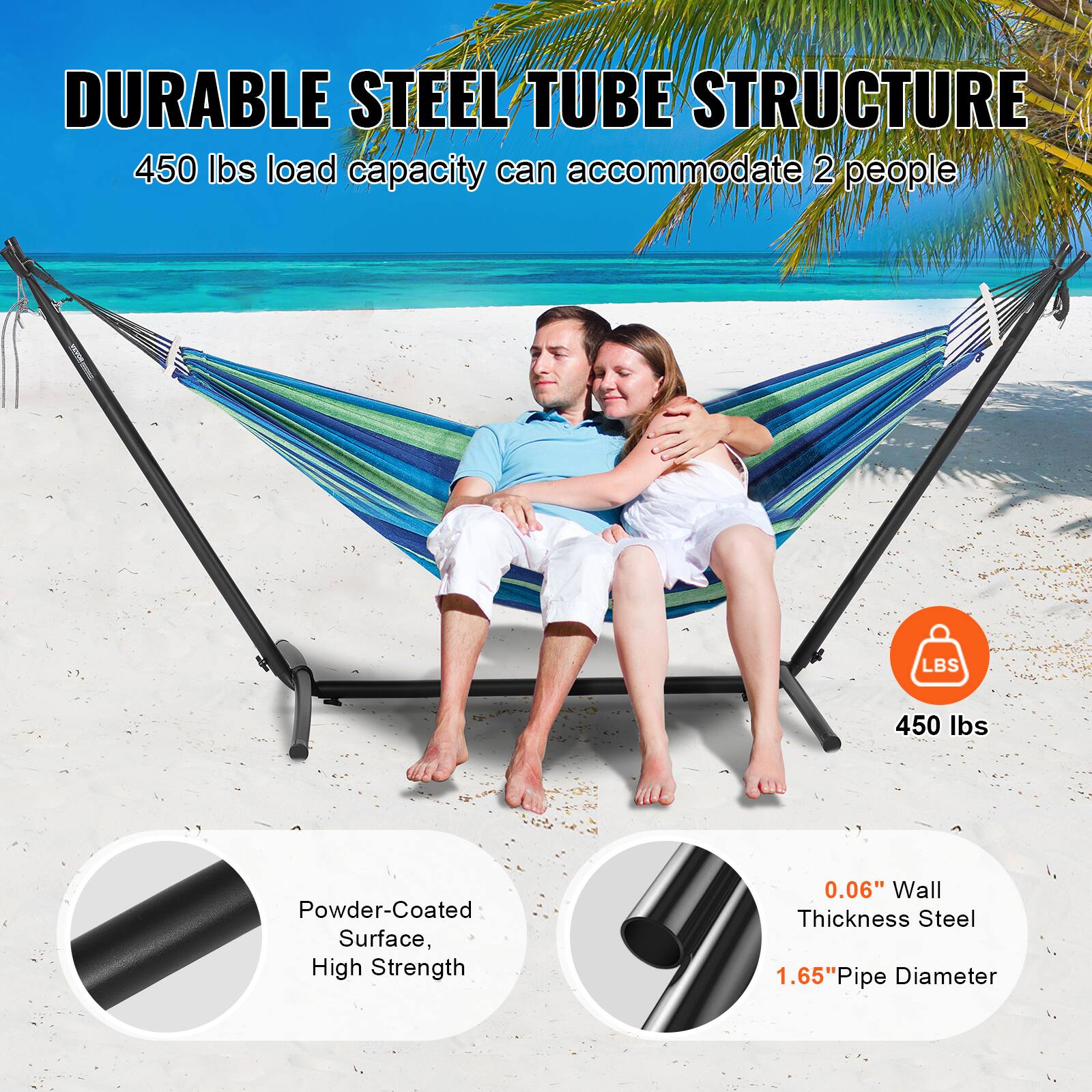 DURABLE STEEL TUBE STRUCTURE  
450 lbs load capacity can accommodate 2 people  

Powder-Coated Surface, High Strength  
0.06" Wall Thickness Steel  
1.65" Pipe Diameter  

450 lbs