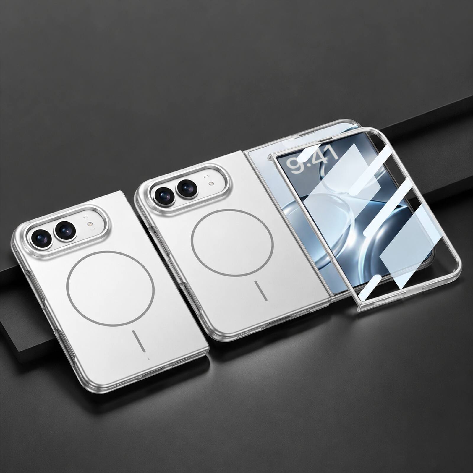 Angle. Dteck - Slim Rugged Magnetic Case for iPhone Duo Built-in Screen Protector,Compatible With Magsafe - Silver.