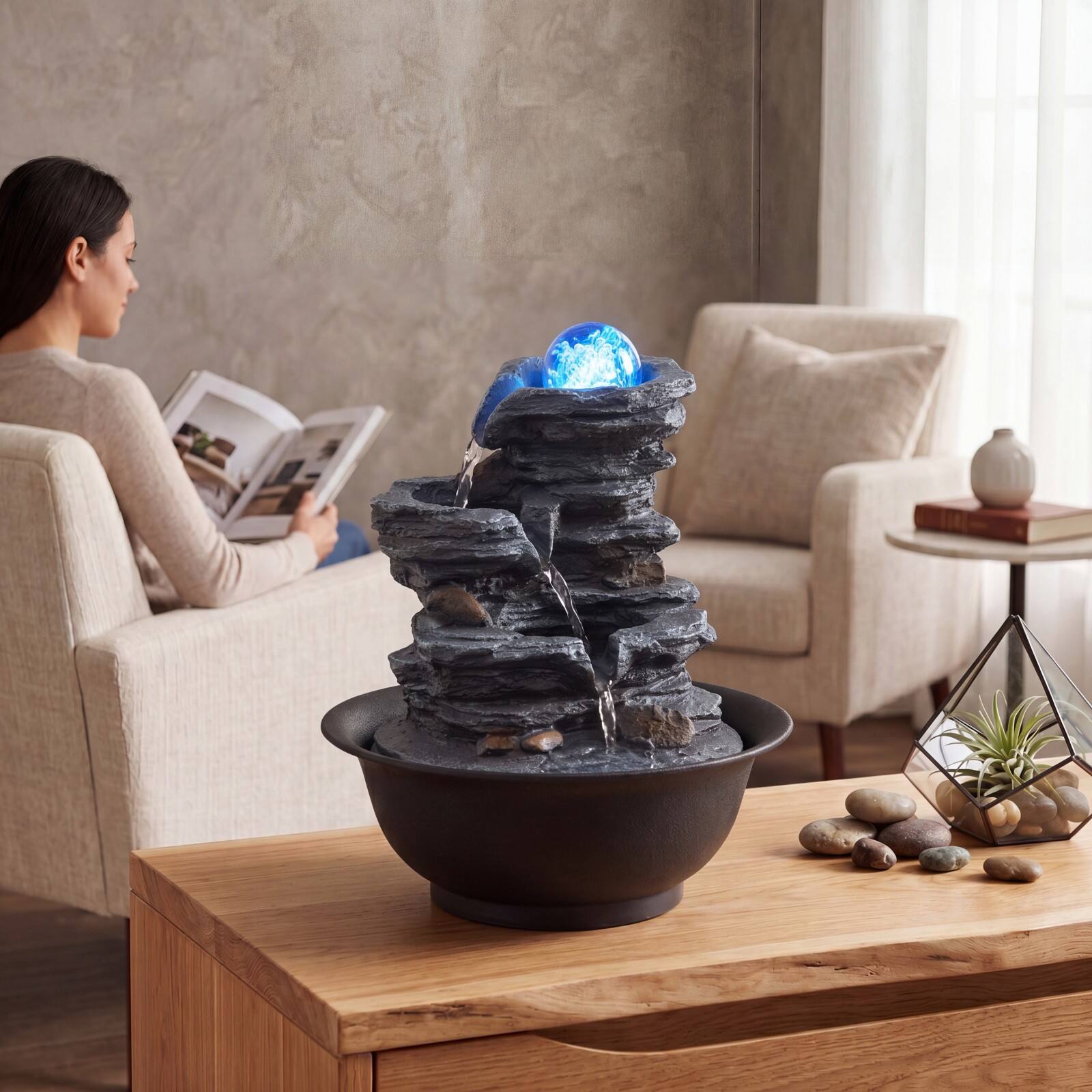 Alt View 5. Costway - Costway Tabletop Water Fountain with Rolling Crystal Ball, Color-Changing LED Light, Pump - Black.