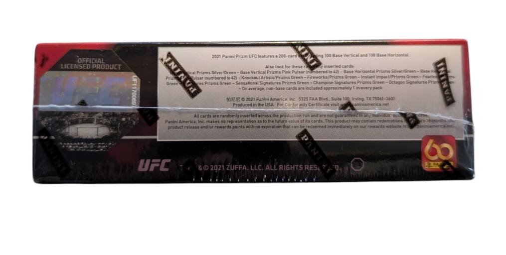 2021 Panini Prizm UFC features a 200-card set with 100 Base Vertical and 100 Base Horizontal. It is an OFFICIAL LICENSED PRODUCT. Also look for these inserted cards:

- Prizms Silver/Green Base Vertical
- Prizms Pink Pulsar (numbered to 42)
- Base Horizontal Prizms Silver/Green
- Base Horizontal Prizms Silver/Green
- Sensational Knockout
- Signatures Artists/Prizms non-base Prizms cards
- Fireworks/Prizms Champion
- Impact/Prizms Octagon
- Signatures Green
- Fearled Prizm

2021 Panini America Inc. 5325 FAA Blvd., Suite 100, Irving, TX 75061-3601. Produced in the USA. For a Certificate of Authenticity, visit paniniamerica.net. All cards are randomly inserted across the production run and are not guaranteed in any individual pack. Panini America, Inc. makes no representation as to the future value of its cards. This product may contain redemptions.