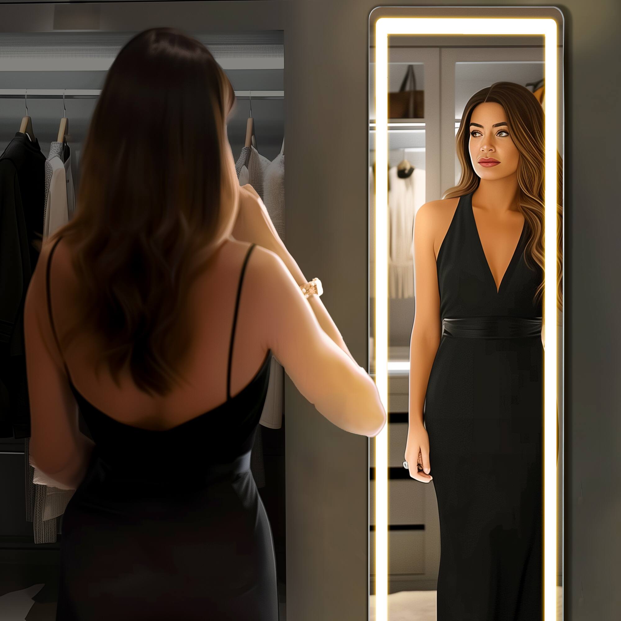 Angle. DOMETOUR - 16"x60" Full Length Mirror with LED Lights, Lighted Floor Standing Mirror with Stand.