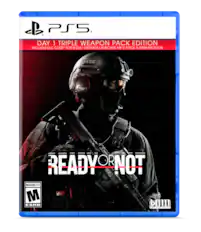 PS5. DAY 1 TRIPLE WEAPON PACK EDITION INCLUDES DLC CODE* FOR M32A1 GRENADE LAUNCHER, MK-V PISTOL & 590M SHOTGUN. READY OR NOT. MATURE 17+ M ESRB