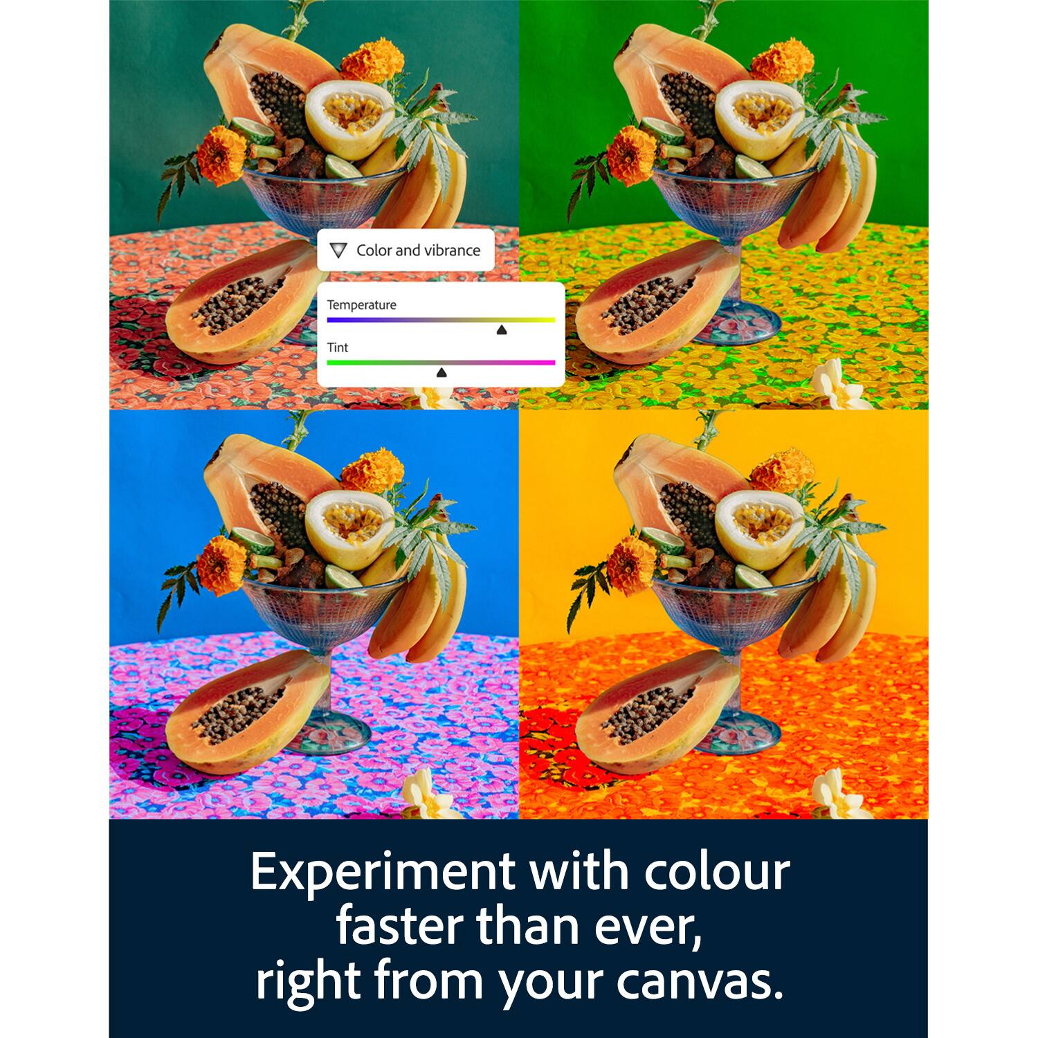 Color and vibrance  
Temperature  
Tint  

Experiment with colour faster than ever, right from your canvas.